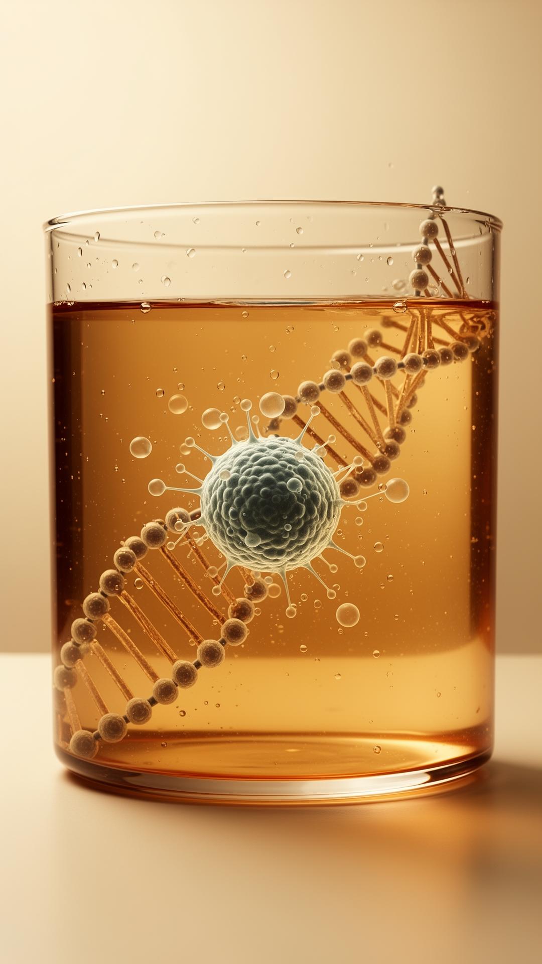 Microscopic cell structure and DNA strands in warm amber liquid